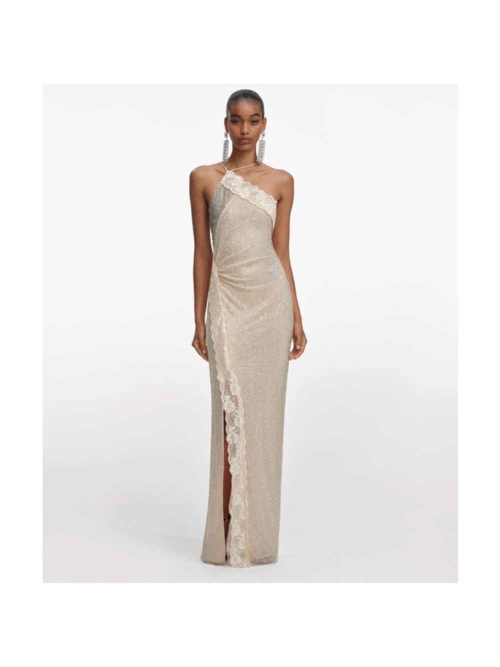 Self-Portrait Champagne Rhinestone Lace Trim Maxi Dress US 4
